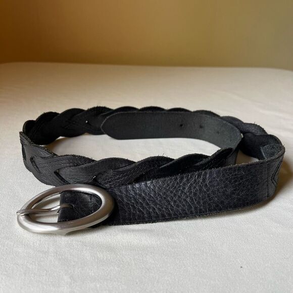 Talbots Black Leather Woven Belt‎ Silver Oval Buckle Casual Boho Western 36 - Picture 6 of 8